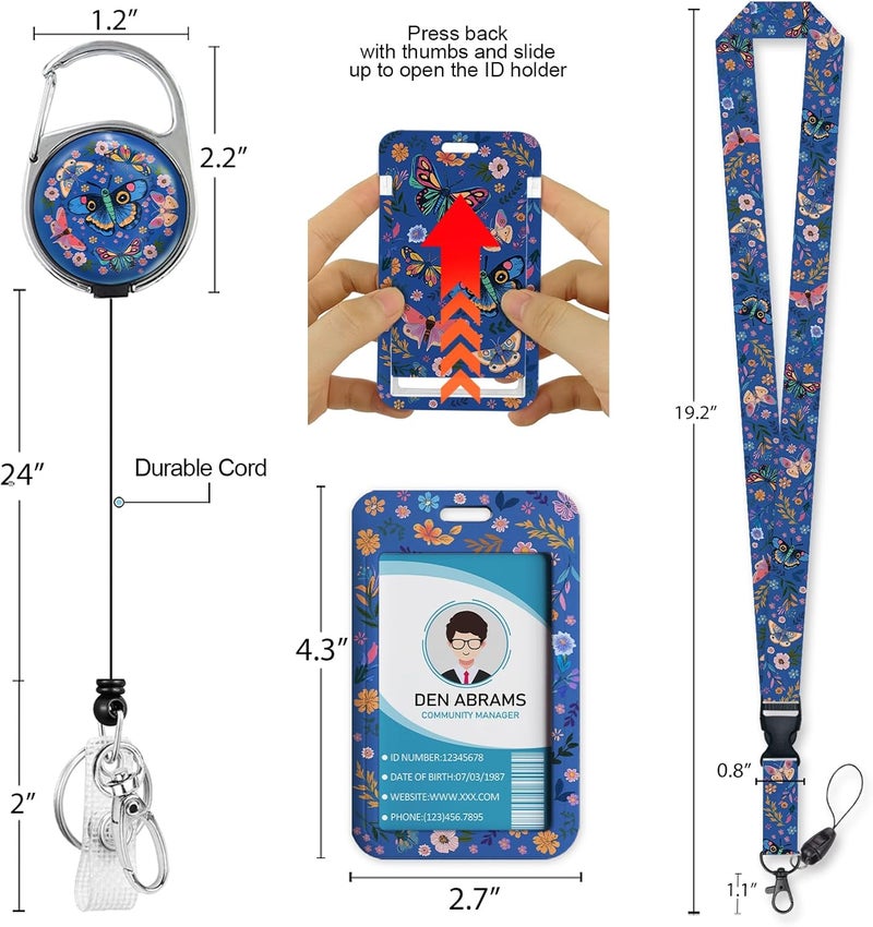 Piefly Lanyards for Id Badges, Butterfly Flowers Badge Holder with Retractable Reel Belt Clip, Cute Work Name Tag Lanyard Vertical ID Card Protector Case for Women Nurse Doctor Teacher Student - Image 5